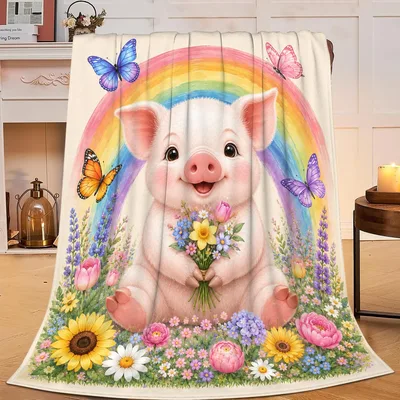 Cute Pig with Rainbow Blanket: A Smiling Farrow in a Flower Garden