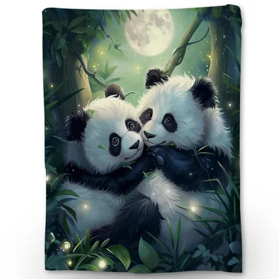 Two Pandas Under Moonlight Blanket: Cozy Forest Art for Animal Lovers
