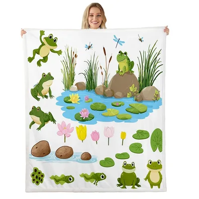 Cartoon Frogs at Pond Blanket: A Whimsical Amphibian Scene