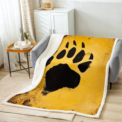 Bear Paw Print Design Blanket: Bold Black Track on Mustard Background