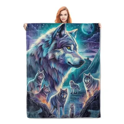 Wolf Pack Under Northern Blanket: A Wolf Artwork with Moon and Stars