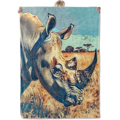 Rhino in Savanna Painting Blanket: Wild Animal Art for Your Couch