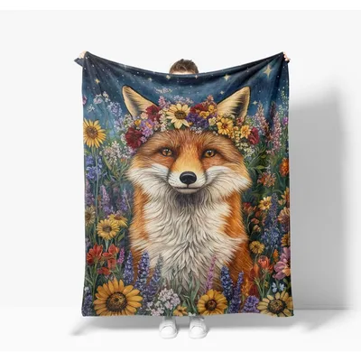 Fox Crowned with Flowers Blanket: A Wild Fox in a Starry Meadow