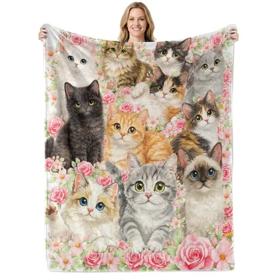 Cats Among Pink Roses Blanket No. 2