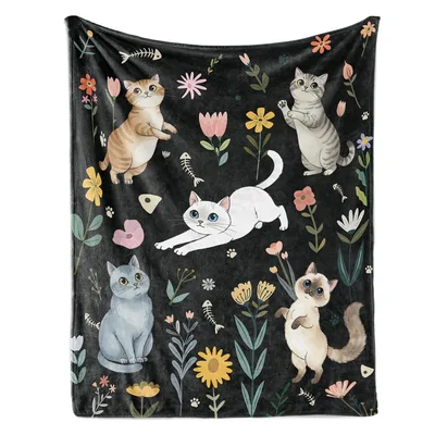 Cats Among Flowers Blanket: Playful Cats and Wildflowers on Black