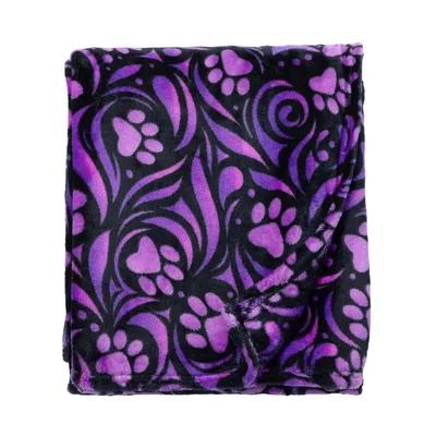 Purple Paw Print Swirl Blanket featuring artistic purple feline tracks