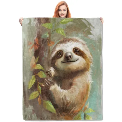 Sloth Hanging on Branch Blanket: Cute Forest Sloth Art for Cozy Days