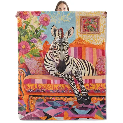 Zebra on Colorful Sofa Blanket: Artistic Zebra on Ornate Couch
