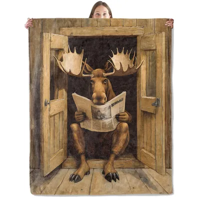 Moose Reading Newspaper Blanket: A Wild Reader in a Wooden Doorway