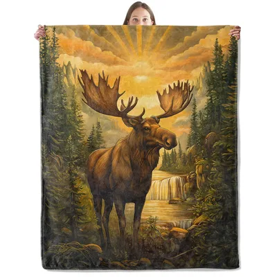 Majestic Moose at Sunrise Blanket: Wild Forest Art for Nature Lovers
