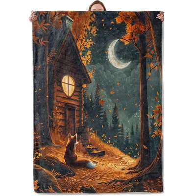 Fox in Forest Cabin Blanket: A Cozy Autumn Night Scene