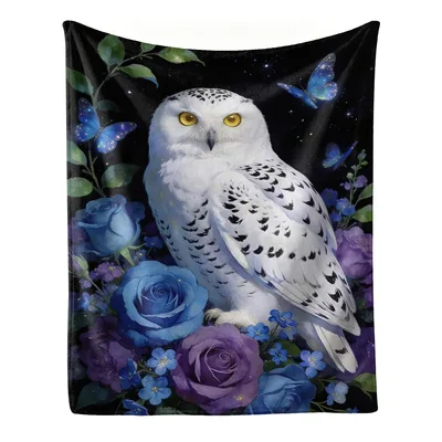 Snowy Owl with Blue Blanket: A Fantasy Owl and Floral Design