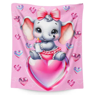 Cute Baby Elephant on Heart Blanket: Pink Elephant with Bow and Bottle