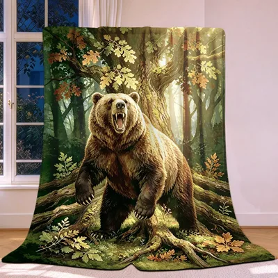 Bear in Forest Painting Blanket: A Roaring Wild Bear Art Print