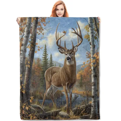 Autumn Deer in Forest Blanket: Majestic Buck in Autumn Woodland Scene