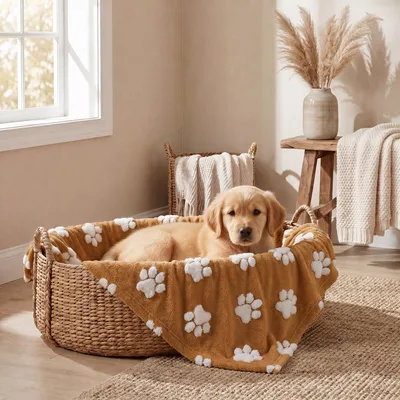 Dog Paw Print Pattern Blanket: Caramel and White Textured Design
