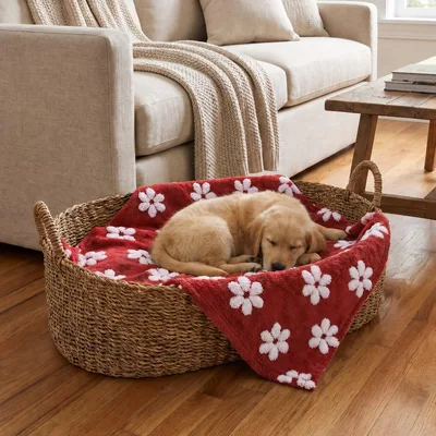 Red Floral Pet Blanket for Cozy Dog Beds and Wicker Baskets