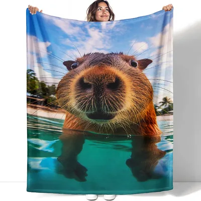 Swimming Capybara in Pool Blanket: A Close-Up of a Floating Rodent