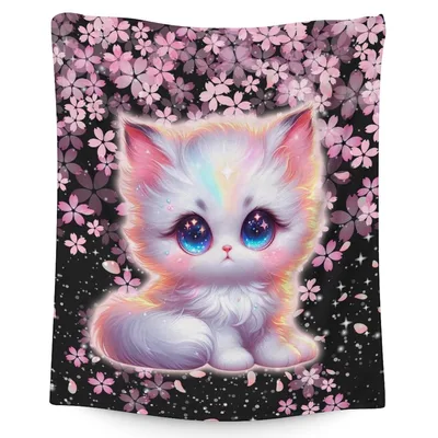 Cute Kitten in Cherry Blanket: Galaxy Cat with Pink Blossoms