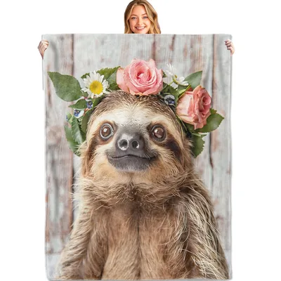 Sloth with Flower Crown Blanket: Rustic Wood and Floral Design