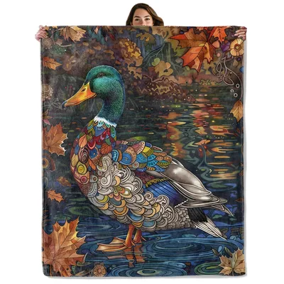 Mallard Duck Autumn Painting Blanket: Zentangle Style Waterfowl Art