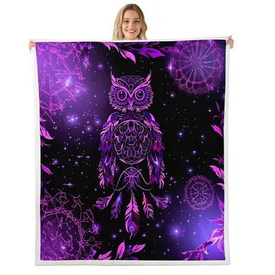 Owl Dreamcatcher Galaxy Art Blanket: Mystical Purple Owl Design