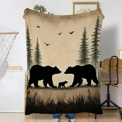 Bear Family Silhouette Forest Blanket featuring black bear parents