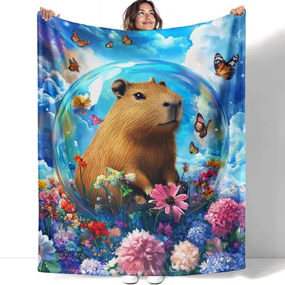 Capybara in Bubble Butterflies Blanket: Whimsical Rodent Art