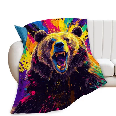 Colorful Brown Bear Blanket: Vibrant Artistic Grizzly Design
