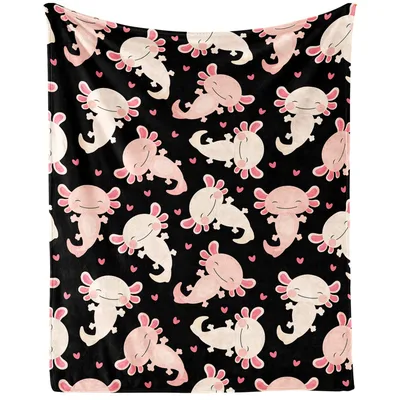 Axolotl Pattern Blanket: Cute Pink Axolotls on Black Background