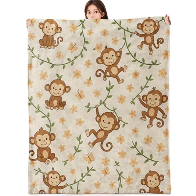 Cute Monkeys Among Jungle Blanket: Playful Monkey Print for Home Decor