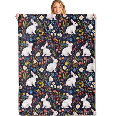 White Bunnies Among Wildflowers Blanket: A Floral Rabbit Throw