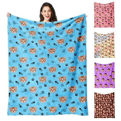 Cute Animal Faces Blanket: Feline Pattern with Paws and Fishbones