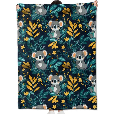 Cute Koalas in Golden Blanket: Foliage Pattern for Nature Lovers