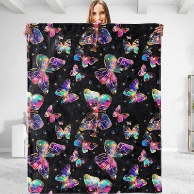 Colorful Butterfly Pattern Blanket: Iridescent Wings on Black