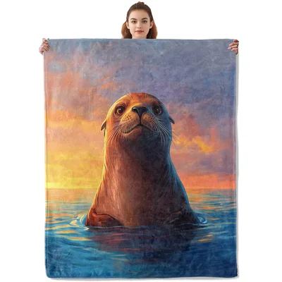 Sea Lion Sunset Painting Blanket: Cute Marine Life Art for Cozy Days