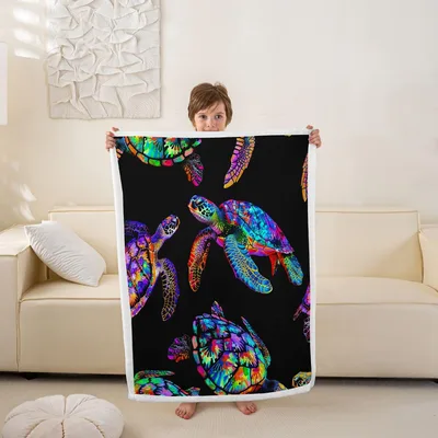 Colorful Sea Turtles Pattern Blanket: Neon Art Design for Kids
