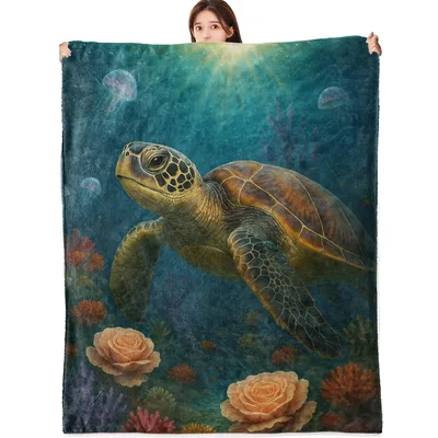 Sea Turtle Underwater Coral Blanket features a swimming sea