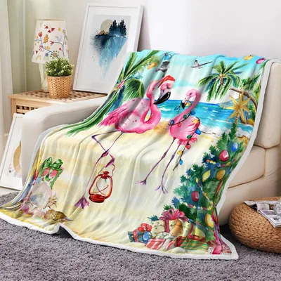 Tropical Flamingo Beach Scene Blanket featuring pink flamingos