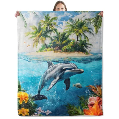 Dolphin Tropical Island Scene Blanket: Ocean Life and Palm Tree Art