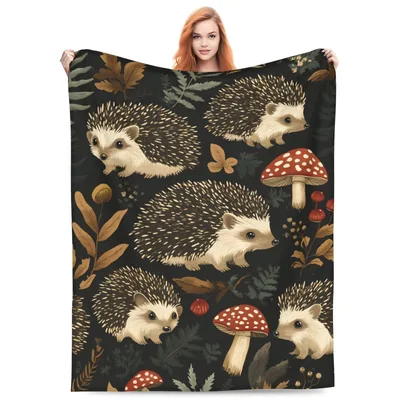 Hedgehogs and Mushrooms Blanket: Forest Animals on Dark Background