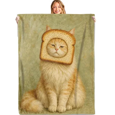 Cat with Bread Slice Blanket: Fluffy Cat Wearing Toast Headgear