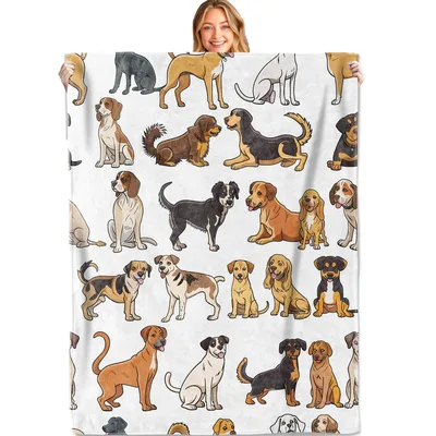 Cartoon Dog Breeds Pattern Blanket: Illustrated Canine Collection