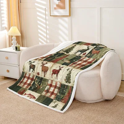 Deer Plaid Patchwork Print Blanket features a rustic quilt