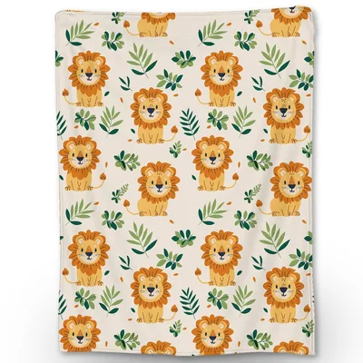 Cute Lion Pattern Blanket: Friendly Cartoon Lions and Leaves