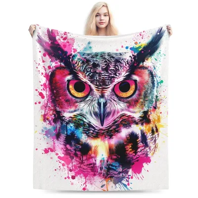 Watercolor Owl Portrait Blanket: Vibrant Feline Art for Cozy Nights