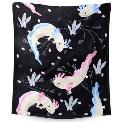 Axolotls on Black Background Blanket: Cute Amphibian Throw for Lovers