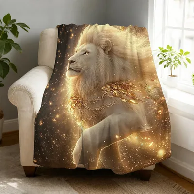 Golden Lion Sparkles Blanket: Regal White Lion with Golden Chains