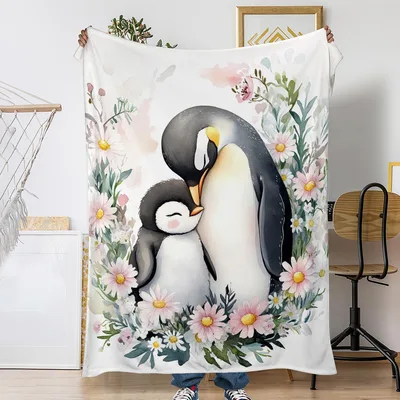 Penguin Mother and Chick Blanket: Watercolor Penguins with Flowers