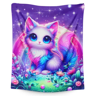 Colorful Fantasy Cat Galaxy Blanket: Neon Kitten in a Starry Meadow